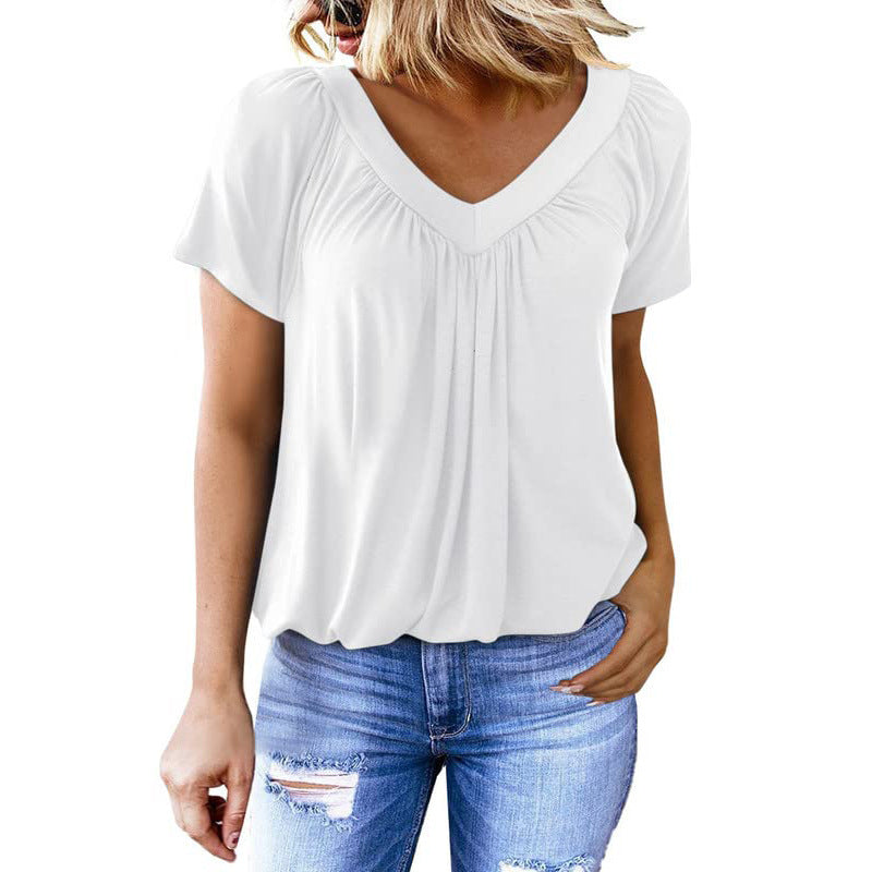 T-shirt femme uni ร manches courtes et col en V