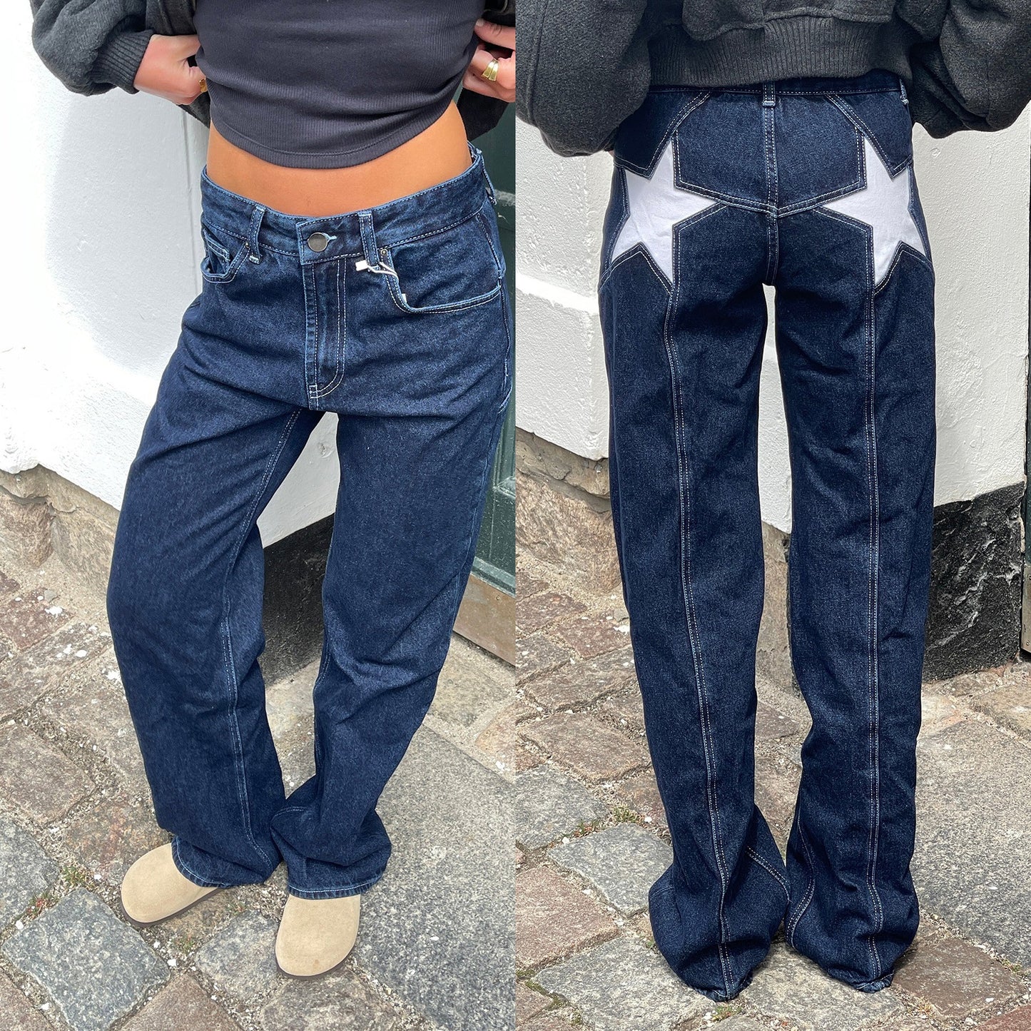 Jean rétro à patchwork contrasté avec étoile