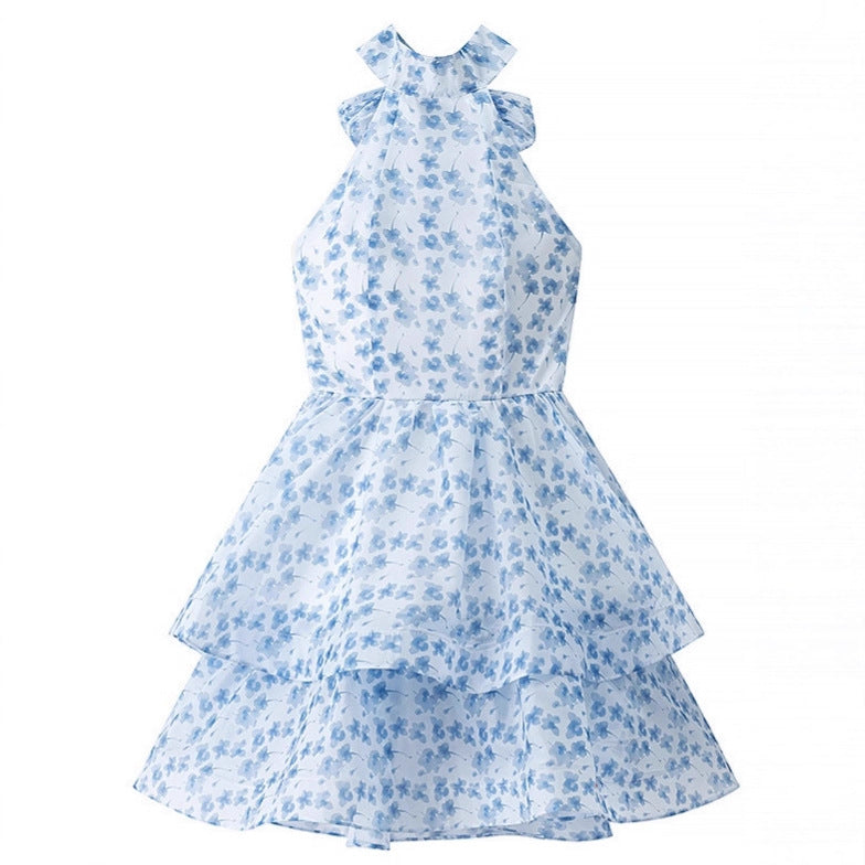 Robe bleue imprimée coupe slim au style féerique de villégiature.