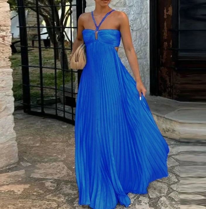 Robe de soirée plissée à bretelles,parfaite et tendance